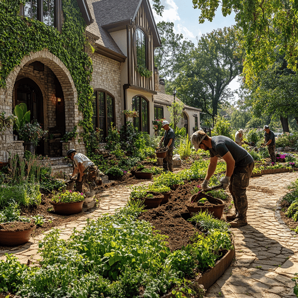 A group of landscapers working on mulching a home in Dublin, Ohio