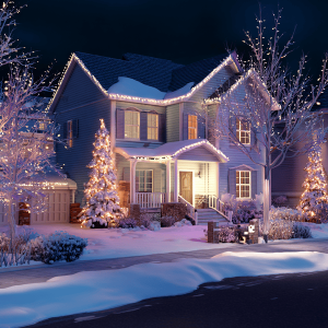 Christmas light installation on a suburban house